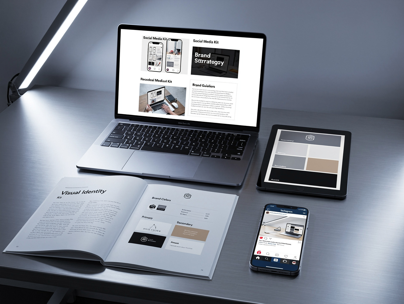 Branding and social media mockup layout with dark stationery