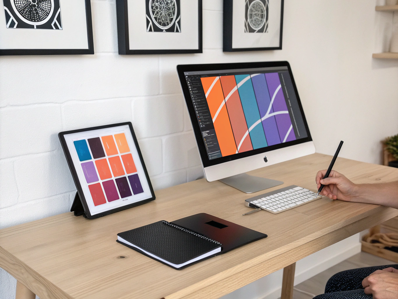 Vector icon grid and geometric shapes in dark studio lighting