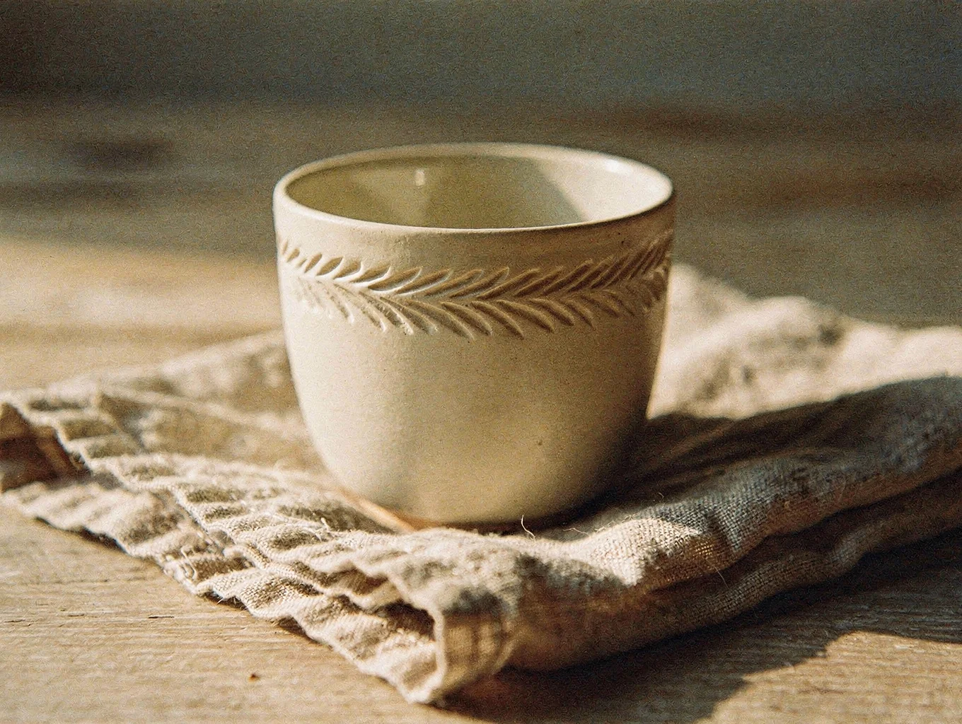Craft coffee cup with textured kraft paper sleeve and ceramic reusable tumbler