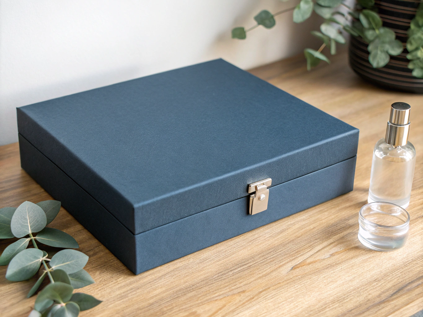 Luxury matte black rigid gift box open mockup with custom sleeve and embossing
